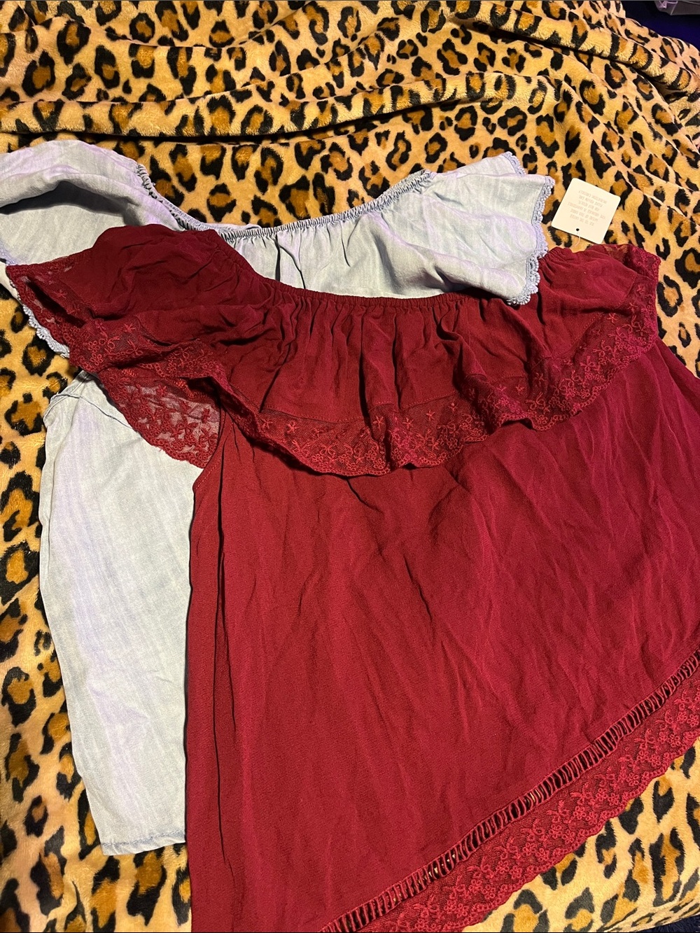 Two for the Price of One Off-Shoulder Ruffle Top in Burgundy & Light Blue Color